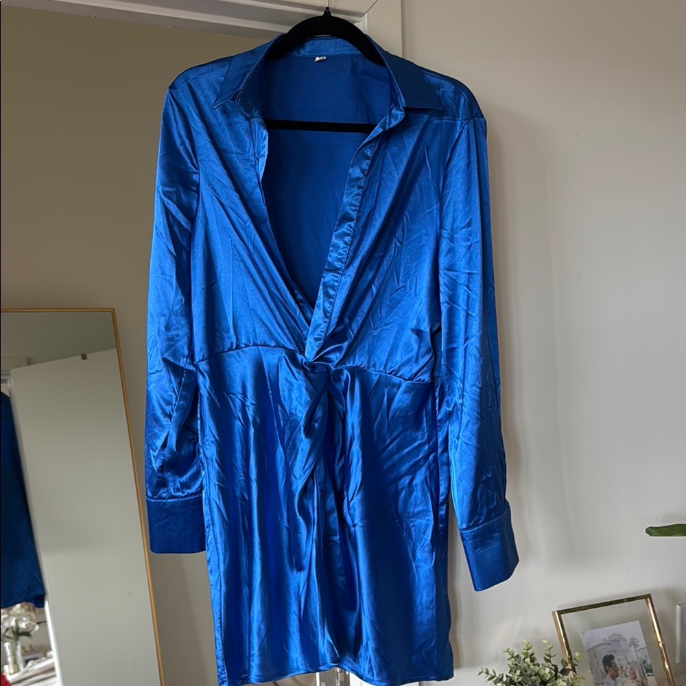 New Satin Blue Shirt Dress